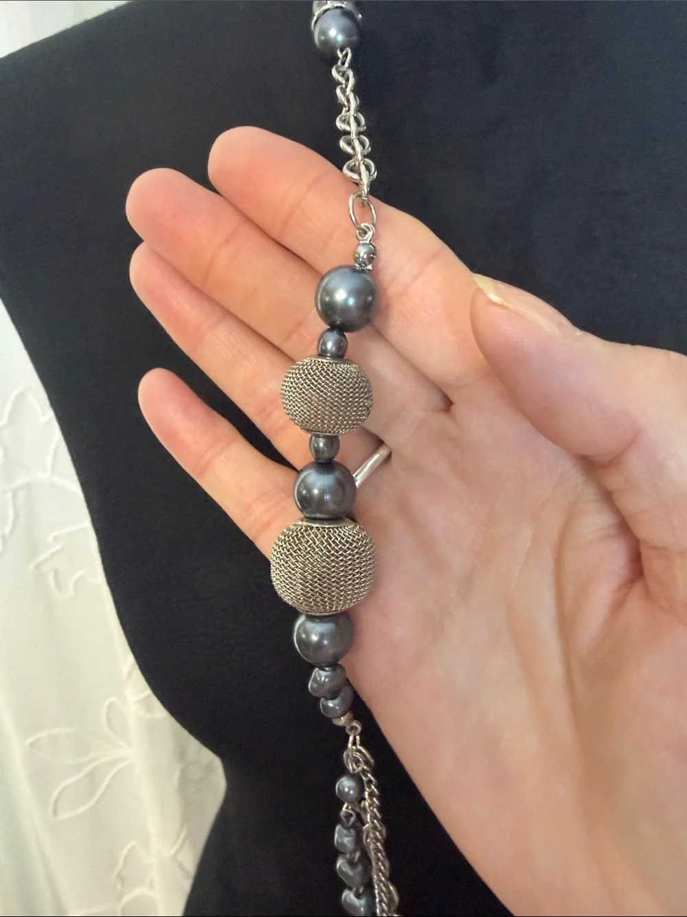 Layered Silver-Tone and Gunmetal Beaded Long Necklace
